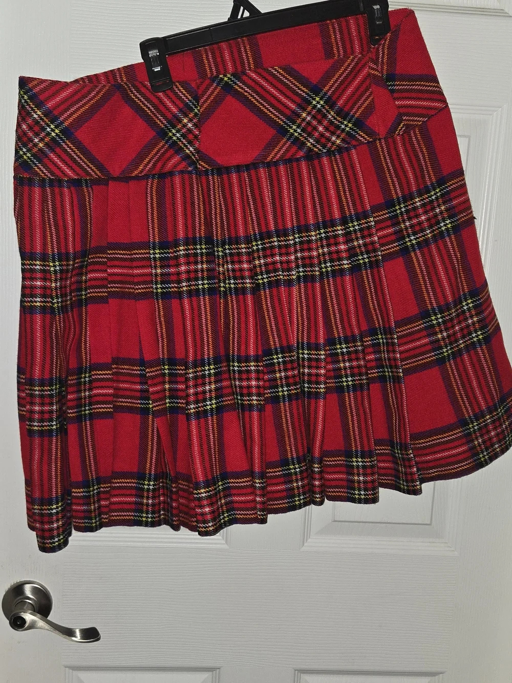 Red Plaid Pleated Mini Skirt with Buckle Detail